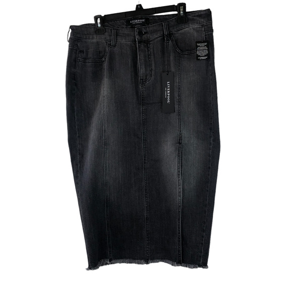 NWT Liverpool High Rise Denim Skirt W/ Slit Frayed Hem 29" Black Midi Size 14 - Picture 2 of 7
